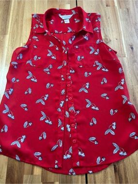 Christopher & Banks Petite Cherry Print Sleeveless Button Front Blouse PS